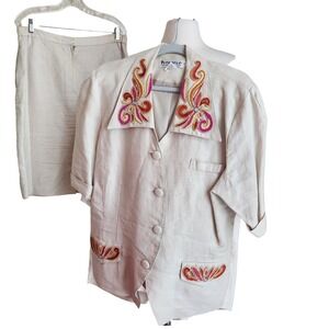 Vintage Women's 100% Linen Skirt Suit Short Sleeve Beige Size 16 Embordery